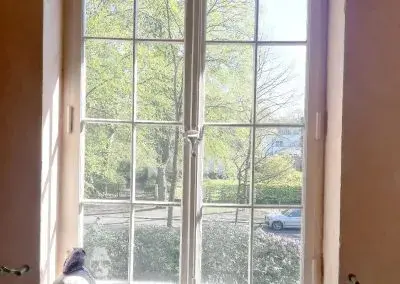 Blick durch Fenster auf Garten und parkendes Auto, Tageslicht im Raum